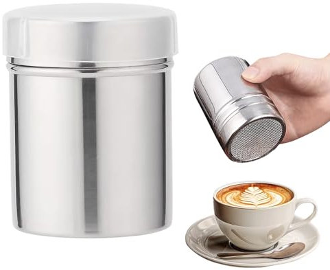 Puderzuckerstreuer mit Deckel, Puderzuckermühle, Kakaostreuer Cappuccino, kakaostreuer für Cappuccino, Edelstahl Kakao Streuer Cappuccino, Puderzucker Sieb Mehlstreuer, Kaffee Zubehör