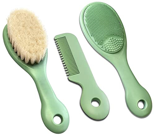 MolYuan Juego de 3 cepillos y peines para el pelo de bebé para recién nacidos y niños pequeños, cepillo de pelo de cerdas de cabra suaves, cepillo de baño de silicona y peine de bebé para bebés