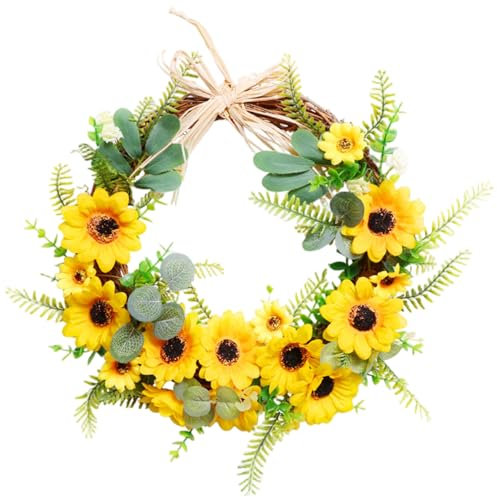 Couronnes de Tournesol pour Porte d'entrée, Couronne de Tournesol, 15, 8 Pouces Couronne d'été Artificielle avec Feuilles pour extérieur, intérieur
