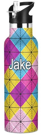 Personalisierte Kinder-Wasserflasche mit Strohhalm für die Schule, 590 ml, individuelle Kinder-Edelstahl-Wasserflasche für Reisen oder Schule, BPA-frei, bunte gehäkelte Quadrate