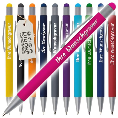 #teamludorf GRIP Kugelschreiber mit Touchfunktion – 50er Set Kullis mit Gravur | Personalisierter Kulli gummiert | Stift mit Gravur mit blauer Mine (MIX, 50)