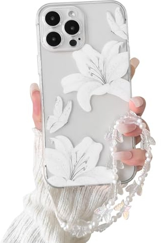 NITITOP for iPhone 13 Pro Max Case Clear Cute Flower Lily Chain,White | for Women Girls, Floral Butterfly Design, with Wrist Strap, Soft TPU Shockproof Cover, Full Camera Protection