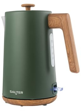 Salter Toronto Kettle 1.7 L, Rapid Boil 3 kW, Matt Green | Cordless 360° Base, Water Window, Removable Limescale Filter, Boil-Dry Sensor, Auto Shut-Off, Wood Effect Accents