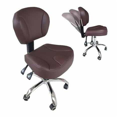 FXLUHAY Sattelhocker, Rollstuhl, strapazierfähig, Sattelstuhl aus braunem Leder mit Rückenlehne, 19~24 hoher Rollhocker for Klinik, Büro