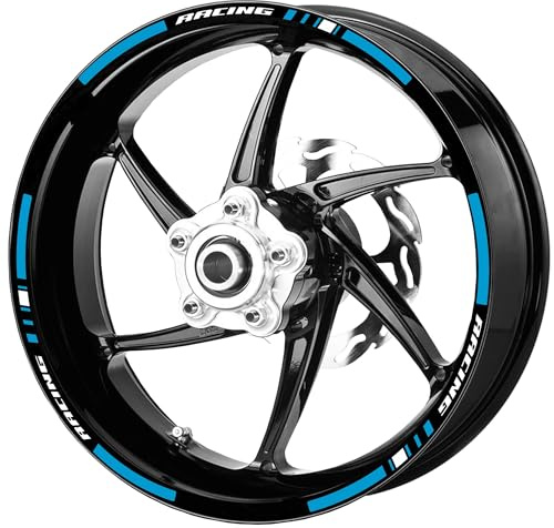 Decalart Kit 14 adesivi cerchi cerchione ruote filetto Moto universali compatibili con tutte le ruote da 16 17 18 Pollici RACING fasce strisce L236 (Azzurro)