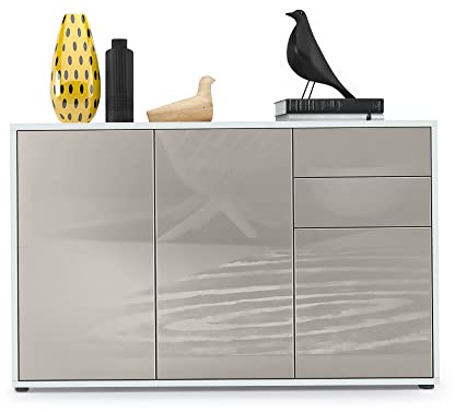 Vladon Sideboard Ben V3, Kommode mit 3 Türen und 2 Schubladen, Weiß matt/Sandgrau Hochglanz (117 x 74 x 36 cm)