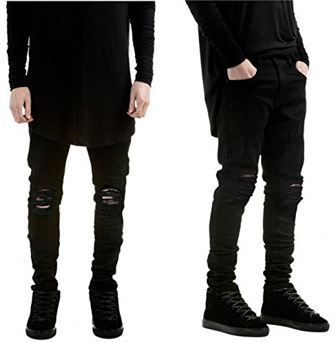 Leward Herren Slim Fit Black Stretch Destroyed Ripped Skinny Denim Jeans - Schwarz - 52