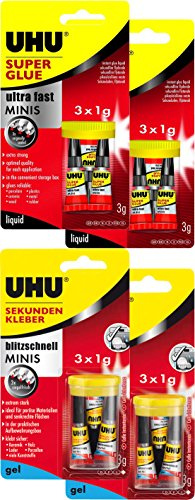 UHU 45415 + 45370 Sekundenkleber Blitzschnell Minis Kombi-Set (2 Packungen flüssig + 2 Packungen Gel)