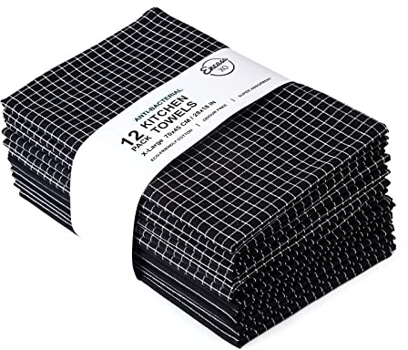 Encasa XO Geschirrtücher, Saugfähige Baumwolltücher 70x45 cm | Metzger schwarz Antibakterielles Finish | Schnell Trocknend & Fusselarm | Zum Reinigen & Trocknen | 12er-Set