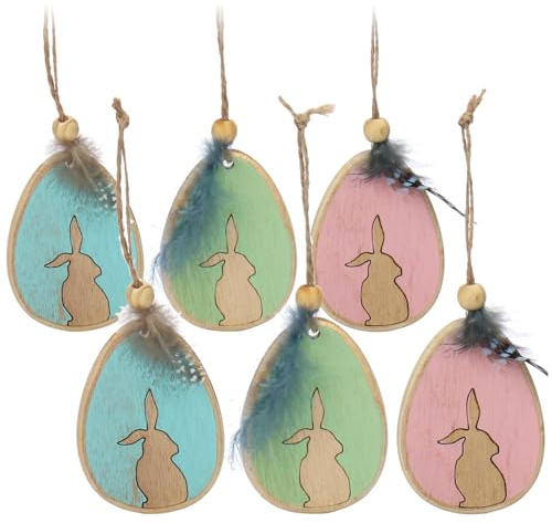 COM-FOUR® 6X Dekoaufhänger, Holz-Osterei mit Osterhase | Holzdeko zum Aufhängen an Pflanzen und Wänden - süße Osterdekoration [Auswahl variiert]