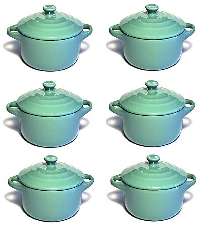 Hobby Tech Lot de 6 Mini Cocottes Bleues Turquoises Céramique Double Poignées avec Couvercle 13,5cm x 8cm Contenance Moule 200ml Ramequin Résistant Haute Température Four (Bleues Turquoise, Lot de 6)