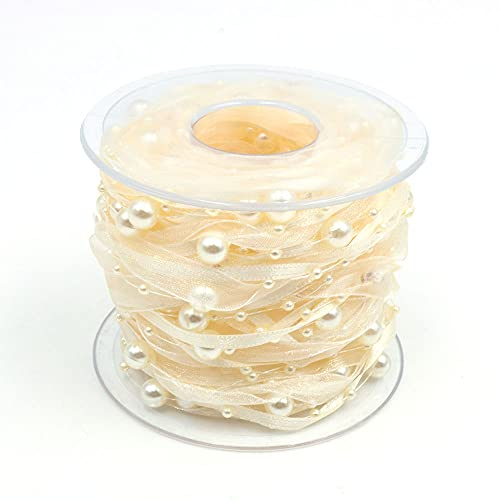 ANCLLO 10M Künstliche Perlenband Chiffon-Band und Organza-Spitze-Band-Ordnungen für Hochzeits-Blumen-Weihnachtsbaum-Dekoration Nähen Handwerk Verpackung (Beige)