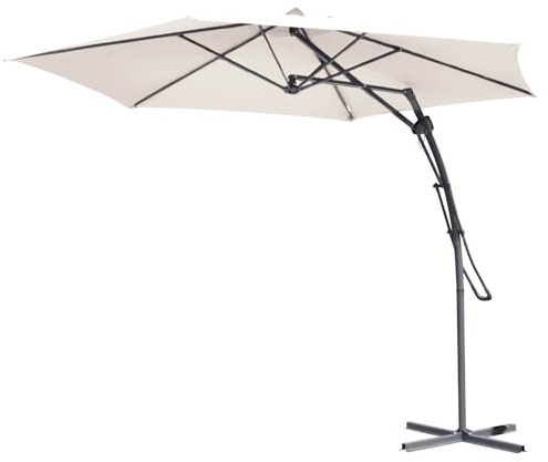 3 Metres Steel Easy Lever Push Up Cantilever Crank Handle Free Standing Parasol Umbrella With Cross Base Garden Patio Outdoor Sunshade Sunbathing 360° Rotating Swivel Sun Protection (White)