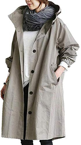 Sllowwa Cappotto con cappuccio lungo trench moda donna cappotto monopetto spolverino elegante esteso al ginocchio antivento Trench coat primavera autunno giacca capispalla con cappuccio, Grigio, M