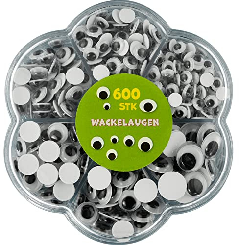 Wackelaugeln Set 600 Stück selbstklebend, verschiedene Grössen, 4,5,6,7,8,10,12 mm, Kulleraugen zum Basteln selbstklebend