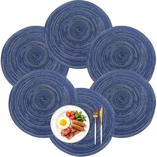 6 Set Gewebte Tischsets Hitzebeständige rutschfest Rund,37 * 37 cm (Blau) | Platzsets aus 100% umweltfreundlichem Bio-Baumwollgarn Reinigbar, rutschfeste und hitzebeständige,Protect the table