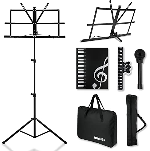 Donner Notenständer 2-in-1-Dual-Use Tisch Bücherständer DMS-2 Tragbarer zusammenklappbarer leichter Ständer Notenhalter für Gitarre, Ukulele, Violine Schwarz mit Tasche