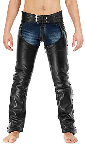 Bockle® Schnür-Chaps läderbyxor herr jeans, Svart, 36W x 36L