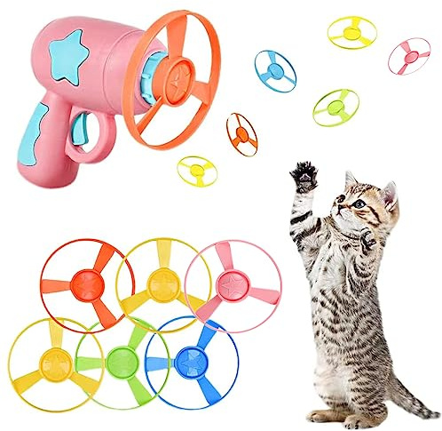 Youery Cat Fetch Toy, Juguete para Mascotas Colorido Disco de Hélice Voladora Juguete para Gato Chasing Platillo con 1 Lanzador y 5 Propulsores Color Aleatorio para Interactivos, Entrenamiento