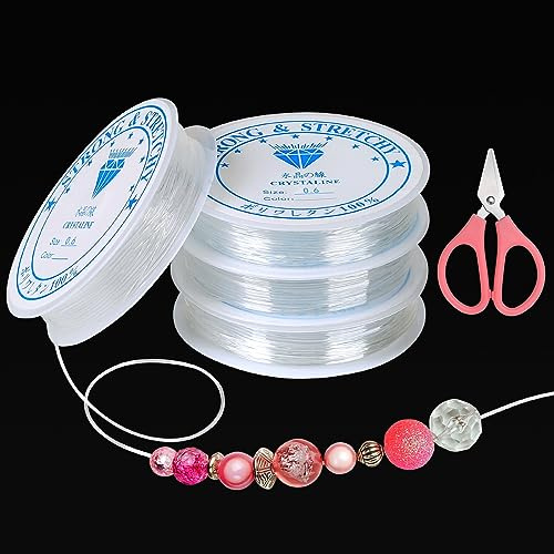 Furuising 4 Rollos Hilo Elástico Transparente, 0.6mm Hilo de Nailon Transparente, Hilo Elastico para Pulseras Nylon Bobina Elástica con 1pc Tijeras para Collares Manualidades DIY