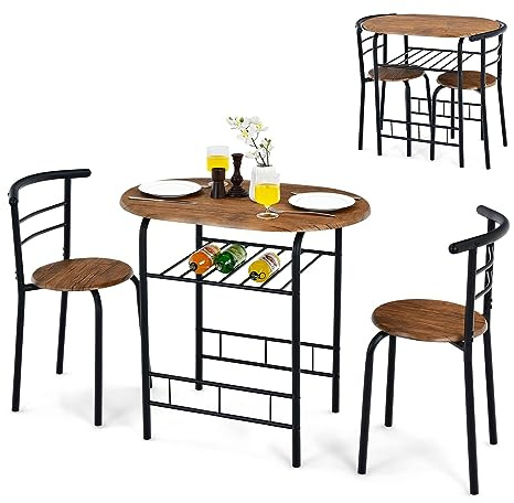 COSTWAY Conjunto Mesa y 2 Sillas Cocina con Vino Estante, Juego Mesa y 2 Sillas de Comedor de Madera y Metal, con Respaldos Curvo y Estante Abierto de Almacenamiento para Cocina, Industrial