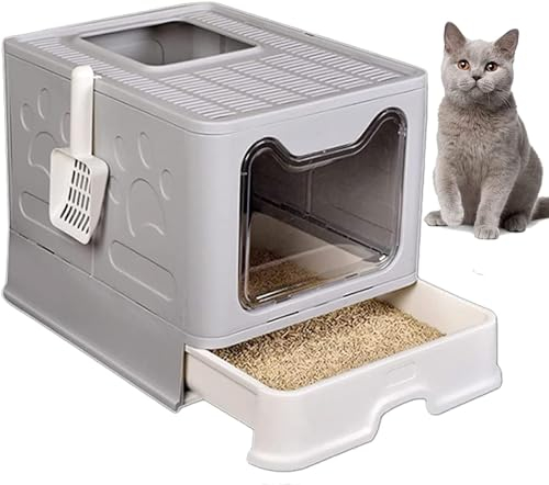 kathson Große Faltbare Katzentoilette mit Schublade Geschlossenes Katzentöpfchen mit Deckel Top-Entry-Toilette Anti-Splashing Katzenzubehör mit Kunststoff-Schaufel Kitty Toilette (Grau)