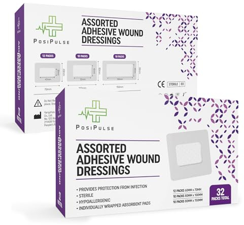 Posi Pulse Assorted Adhesive Wound Dressings - 32 Packs for Protection from Infection, Sterile Individually Wrapped, Hypoallergenic, Breathable, Absorbent for Cuts, Grazes, Ulcers, Sores
