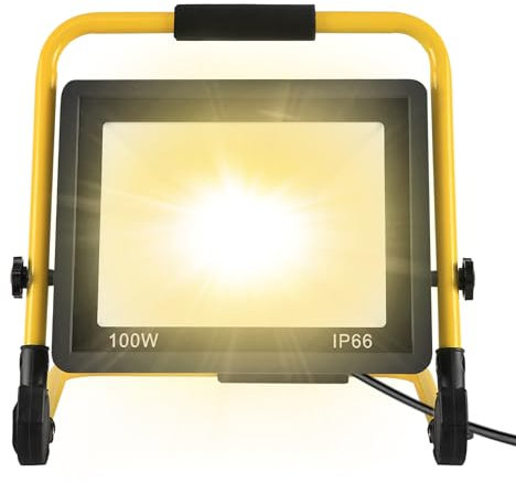 SUBTLETY 100W LED Baustrahler Baustellen Arbeitsstrahler mit 3m Netzkabel & U-Form Stativ Strahler für Arbeitsbeleuchtung IP66 Wasserdicht Fluter Arbeitsscheinwerfer für Garage Garten (Warmweiß)