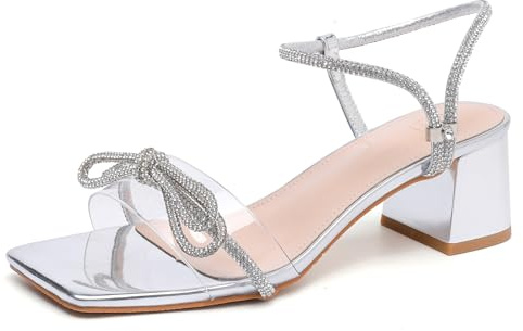 DADAWEN Sandales été Femme avec Strass Chaussures de Soirée Mariage Cérémonie Femmes Sandales à Talons Blocs Bas Bout Ouvert 7cm Argent 41