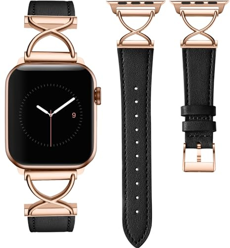 CeMiKa Bracelet Cuir Compatible avec Bracelet Apple Watch 41mm 40mm 38mm, Femmes, Véritable avec X-Shape Métal pour iWatch Series 9 8 7 6 5 4 3 2 1 SE, Noir/Or Rose