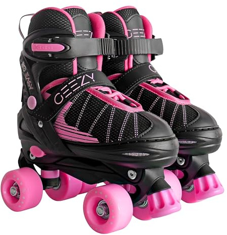 GEEZY Kids Roller Skates for Girls Adjustable Roller Skates for Boys 4 Wheel Quad Skates Black & Pink Adjustable Sizes (UK 11-1 / Eur 30-33)
