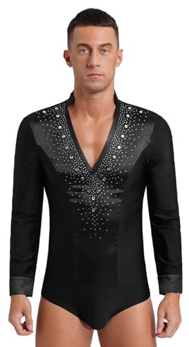 Sywiyi Herren Latein Body Hemd Samba Rumba Oberteil Langarm Bodysuit Glitzern Hemdbody Trikot mit V-Ausschnitt Männer Standard Tanz Wettkampf Kostüm Schwarz XXL