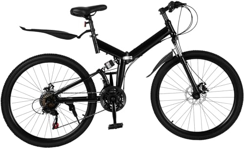 26 Zoll Faltrad Klapprad 21 Gang Mountainbike, Vollfederung Scheibenbremse Bike, Carbon Stahl Faltrad für Erwachsene, Tragbares Mountainbike, Höhenverstellung mit Doppelscheibenbremse