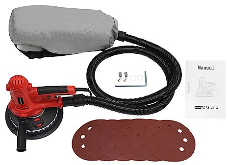 Elektrisk gipsslipmaskin 1 200 W med vakuum och LED-ljus – variabel hastighet 1 200 – 2 500 varv/min väggslipmaskin, dammpåse, slang, 6 slipskivor – perfekt för torr väggslipning och efterbehandling