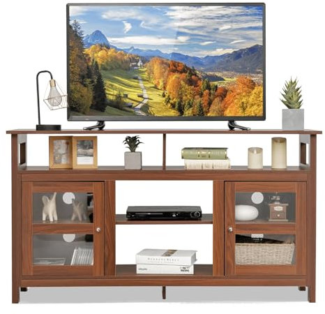 Moderno soporte de TV para televisores de hasta 65 pulgadas con chimenea, consola multimedia de madera para sala de estar, 4 estantes abiertos y 2 armarios laterales, acabado de nogal