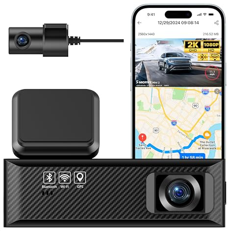 Miofive Mini 2 Dual Dash Cam Front 2K and Rear 1080P with UK Speed Camera | Next-gen Wi-Fi 6, built-in GPS, smart app, compact hidden design, HDR night vision, G-sensor, loop recording, max 512GB