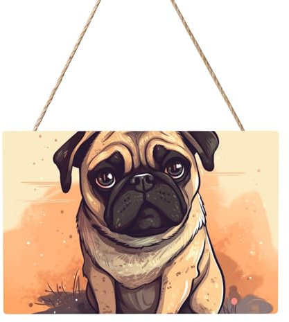 Holzkreise zum Basteln, 20,3 x 30,5 cm, Holzscheiben, Mops, Cartoon, Holz-Türhänger, Schild, hängende rechteckige Holzscheiben mit Bindfaden, Holzornament für Schild, Türhänger, Zuhause, Urlaub