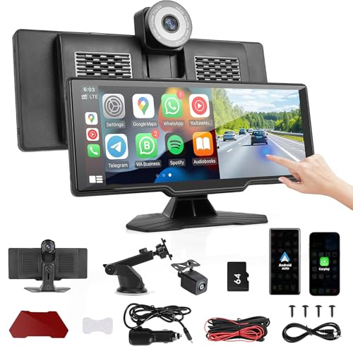 Ecran Carplay Voiture avec Carplay sans Fil Android Auto, CarPlay Voiture, avec Dashcam Avant 2K, Caméra Arrière 1080P, Portable, écran Tactile de 10,26 Pouce avec Bluetooth/GPS/FM/AUX/Lien