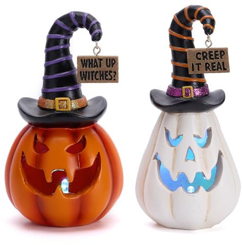 Valery Madelyn Halloween Decorations, Set of 2 Halloween Pumpkins Ornaments with Colorful Lights, Resin Home Decor Gifts for Party Decor 13CM