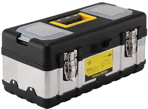 CROWNSHOP Tool Box ToolBox StorageHeavy Duty Stainless Steel Portable Toolbox with Metal Dual Latch Removable Tray Storage Case with Tray and Latch for Small Parts for Tools (17 Inch)