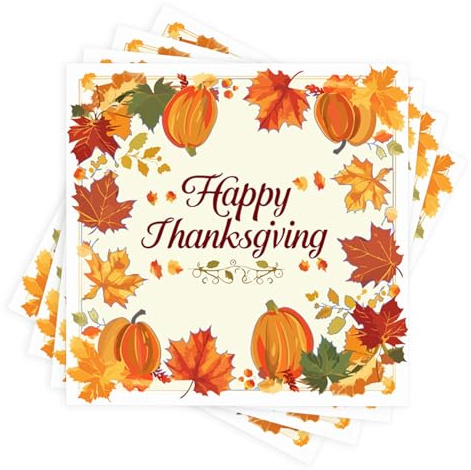 24 tovaglioli per l'autunno, decorazione del Ringraziamento, 33 x 33 cm, decorazione da tavolo, per l'autunno, con foglie d'acero, zucca, Happy Thanksgiving, tovaglioli di carta usa e getta per