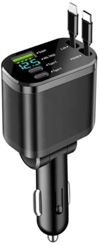 J & R 65W Car Charger, Dual Type-C USB Fast Charging with LCD Display, Adjustable Angle, 5-in-1 Car Phone Charger Including 2 Retractable Cables for car accessories
