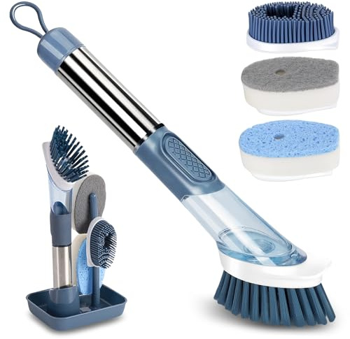 AMFUN Soap Dispensing Dish Brush Set, Washing Up Brushes with Liquid Dispenser, Kitchen Brush for Pot Pan Sink Cleaning with 4 Replacement Heads (Blue)