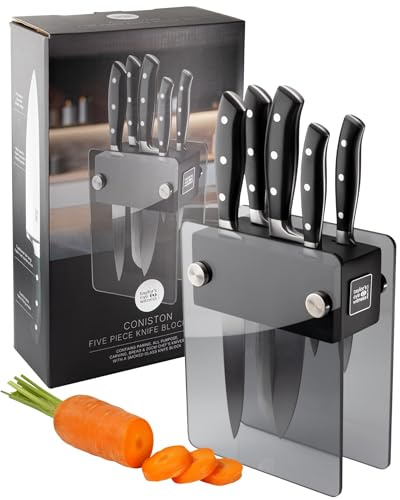 Taylors Eye Witness Coniston 5-Piece Knife Block Set – Ultra Sharp Kitchen Knives with Smoked Glass & Black Wood Block – Chef, Paring, Vegetable, Bread & Carving Knives