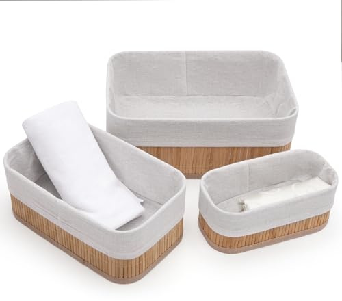 3er Set Bambus Aufbewahrungskörbe mit Stoffeinsatz – Körbe Aufbewahrung Bad & Wickeltisch – Storage Baskets in 3 Größen (30x20x12 / 25x15x10 / 20x10x8 cm) – Organizer Korb Natur