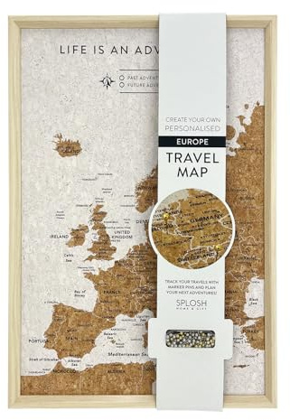 Splosh XL-Europa-Reisekarte mit 100 Pins - Weiß, 45 x 31 cm | Gerahmte Kork-Pinnwand für den Schreibtisch mit 100 Pins in 3 Farben zum Markieren Ihrer Abenteuer.