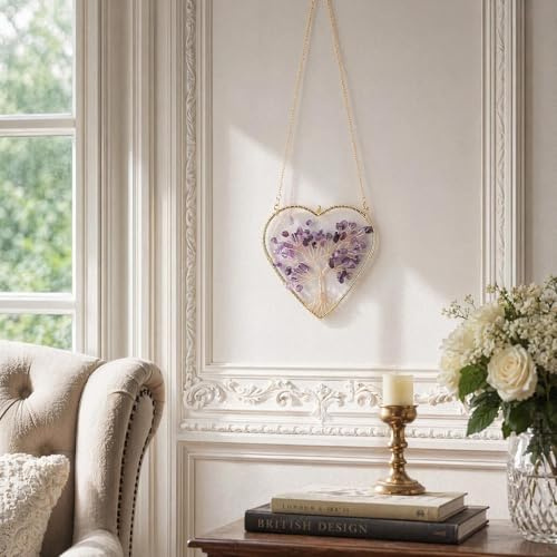 Amethyst Crystal Tree of Life Hanging Ornament, Women Girls Birthday | Healing Crystals Heart Wall Decor, Spiritual Gift, Home Bedroom Window