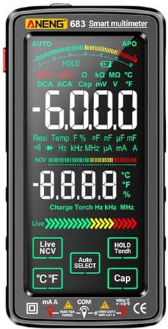 Helilyco Multímetro digital con pantalla táctil, pantalla completa de 6000 unidades, batería de litio recargable por USB, detección de voltaje sin contacto NCV, linterna, voltaje CA/CC, capacidad de