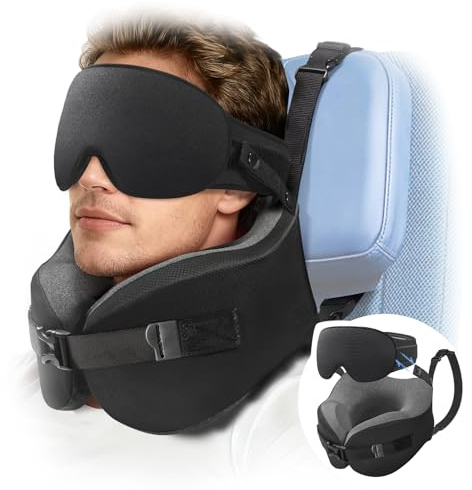 Umisleep Cuscino da Viaggio Memory Foam, Cuscino Cervicale per Aereo con Supporto 360°, con Maschera Occhi 3D, Cuscino da viaggio anticaduta testa per aereo, Ideale per Voli Lunghi (Nero)