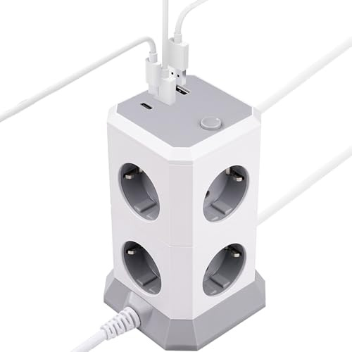 DEWIN Multiprise avec Interrupteur, Tour Multiprise 11 en 1 avec 8 Prises Secteur, 2 Ports USB-A, 1 Port USB-C et Un Câble d'extension de 1,8 m avec Lumière pour Le Bureau et la Maison
